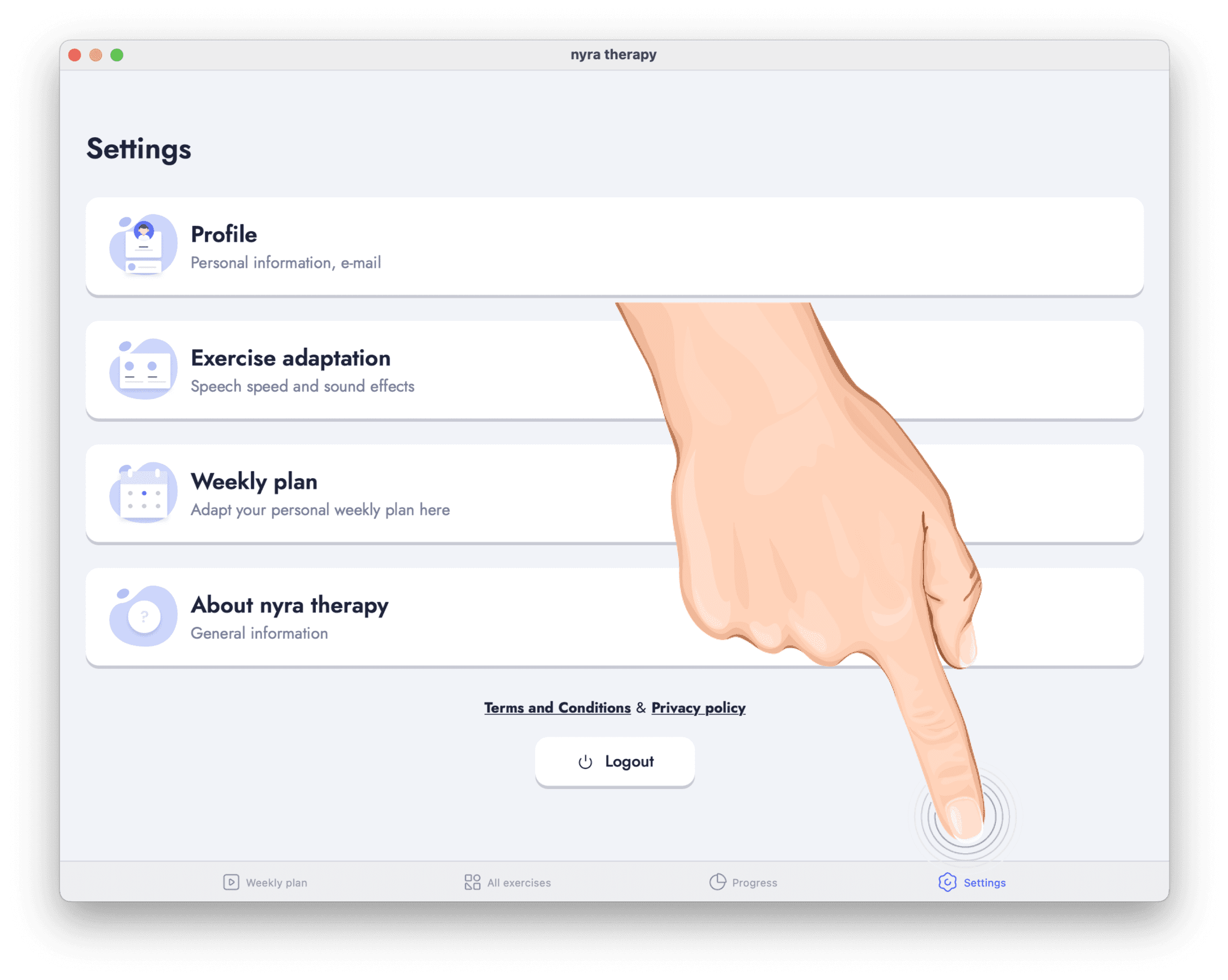 nyra therapy app screenshot — step 1: Go to settings