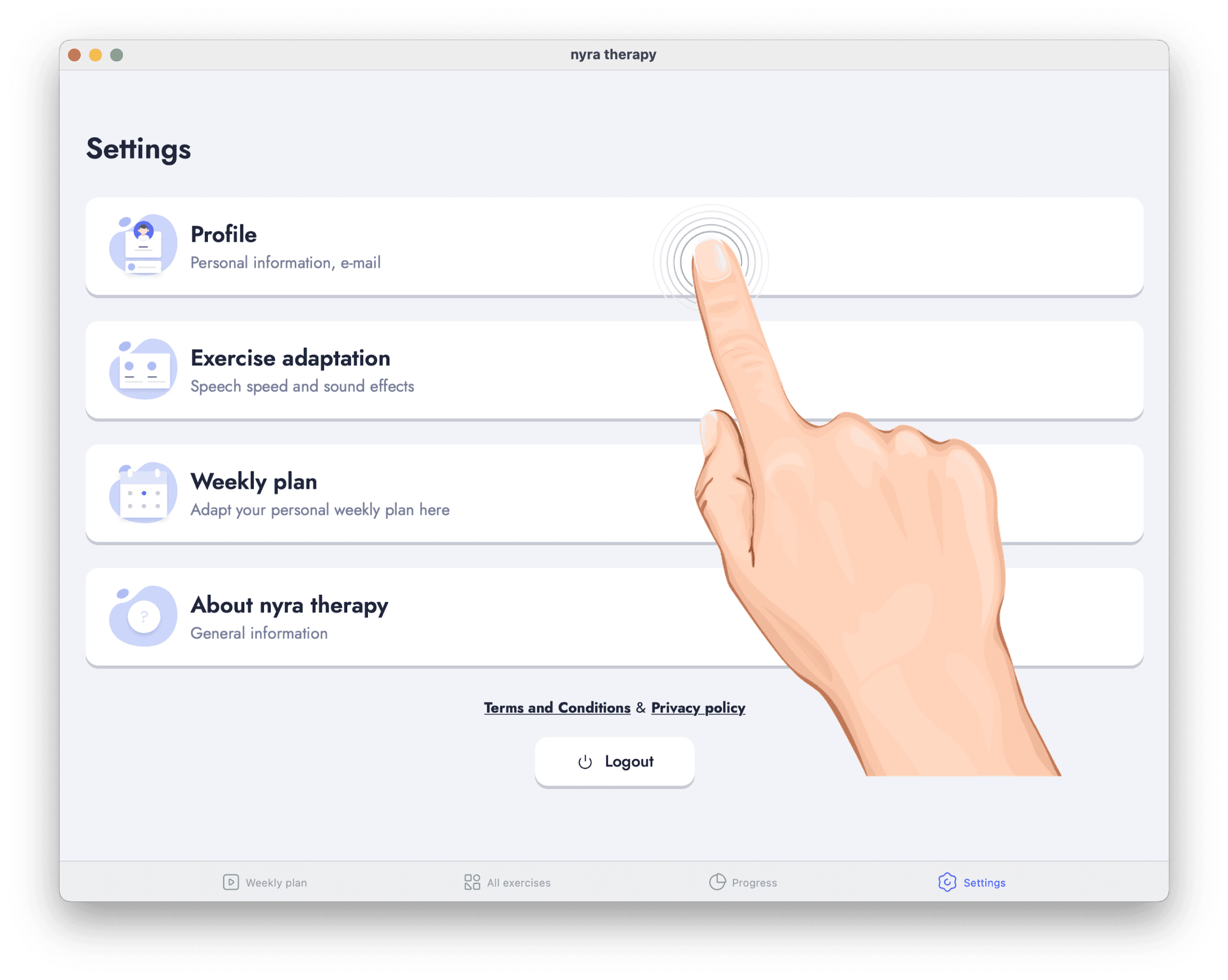 nyra therapy app screenshot — step 2: Select “Profile”