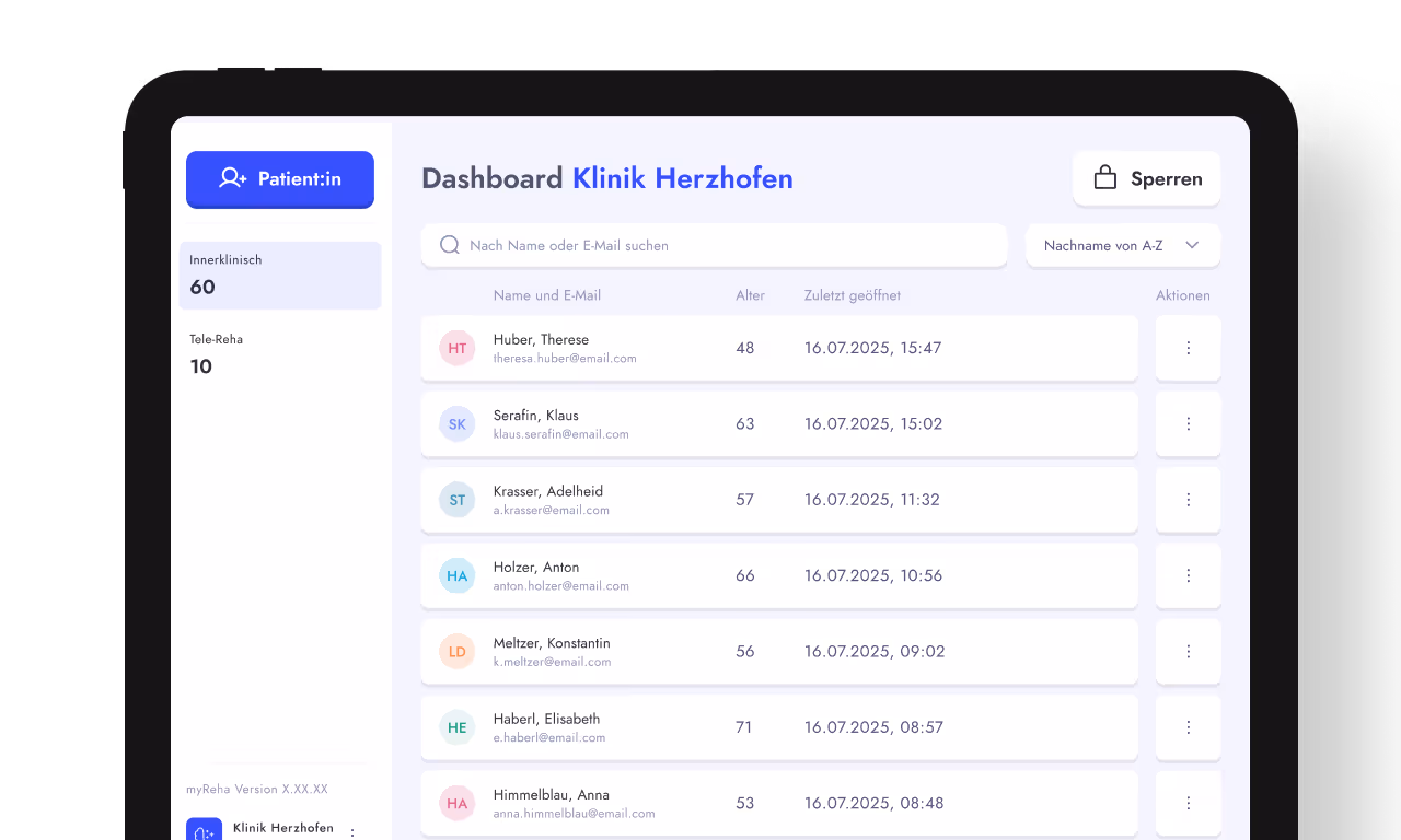 myReha Clinic Dashboard