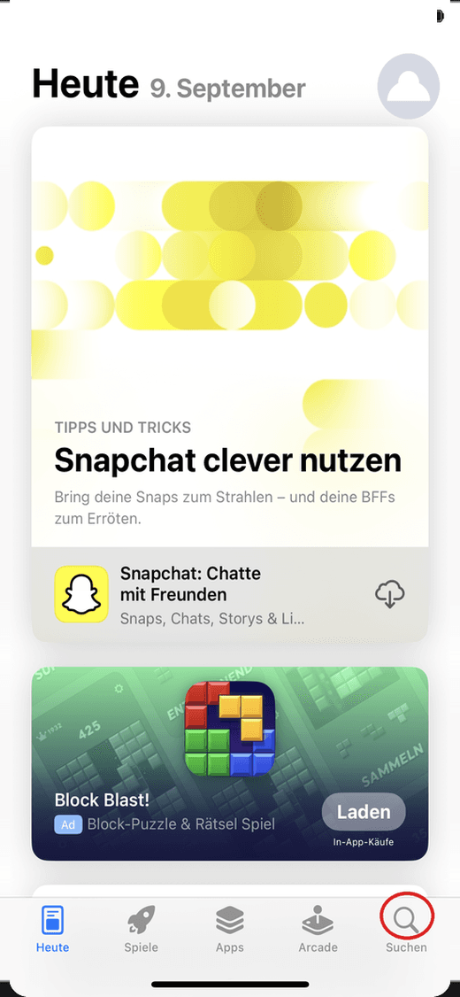 App Store App: Reiter „Suchen“ unten rechts rot markiert