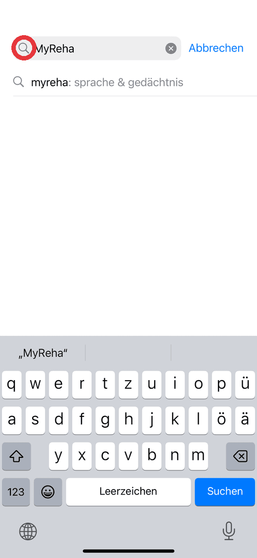 Im App Store nach myReha suchen, das Lupen-Symbol im Suchfeld ist rot umrandet