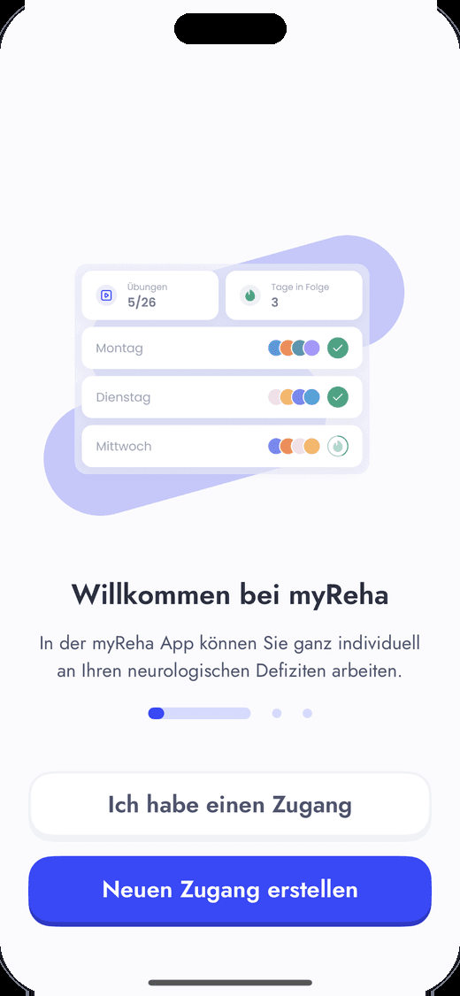 Willkommen bei myReha, die Knöpfe „Ich habe einen Zugang“ und „Neuen Zugang erstellen“